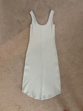 Sleeveless Scoop Neck Midi Tank Dress in White and Light Blue Stripes